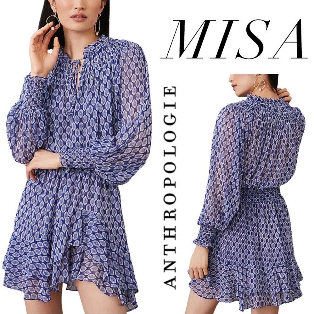 Misa,‎ Anthropologie, Sheer Balloon Long Sleeve Ruffle-Hem Mini Dress, Blue